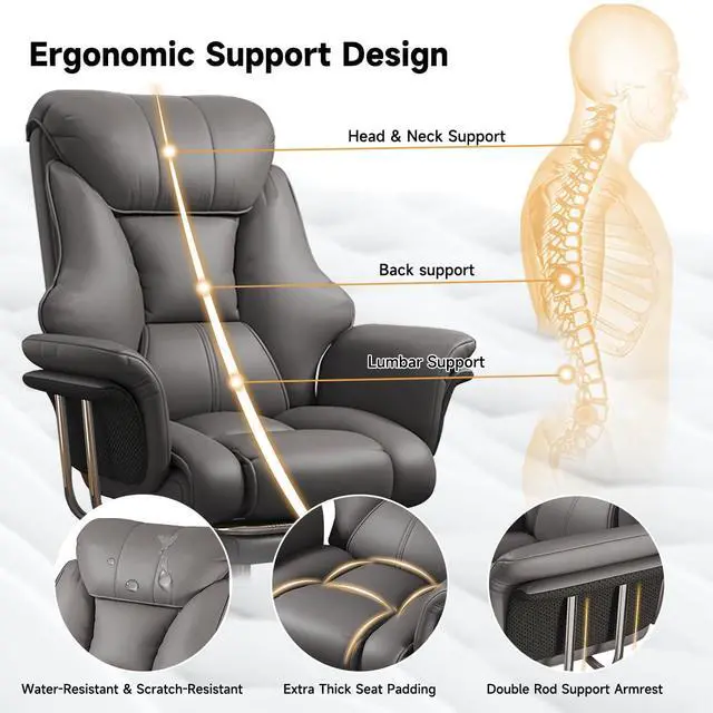 Alt view image 3 of 6 - Big and Tall Office Chair 550 lbs Extra Wide Leather Executive Chair with Retractable Footrest, Heavy-Duty Ergonomic Chair, Adjustable Height Computer Gaming Chairs