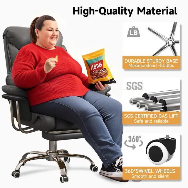 Alt view image 5 of 6 - Big and Tall Office Chair 550 lbs Extra Wide Leather Executive Chair with Retractable Footrest, Heavy-Duty Ergonomic Chair, Adjustable Height Computer Gaming Chairs