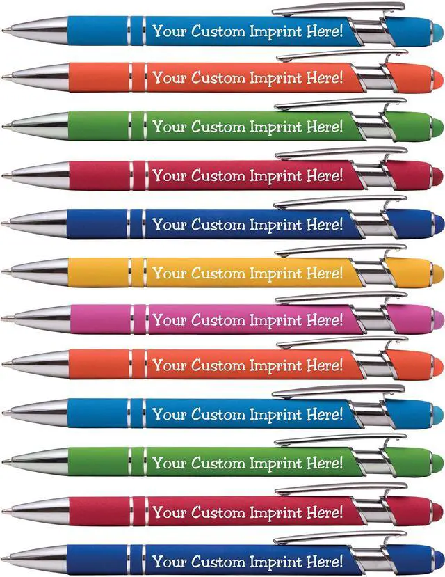 Main image of ExpressDesigns - Premium Custom Pens with Stylus | Burst of Color | Personalized Soft Touch Metal Printed Name Pens w/Black Ink - Imprinted w/Logo or Message - 12 pcs/pack (Assorted)