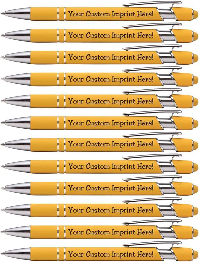 Alt view image 7 of 7 - ExpressDesigns - Premium Custom Pens with Stylus | Burst of Color | Personalized Soft Touch Metal Printed Name Pens w/Black Ink - Imprinted w/Logo or Message - 12 pcs/pack (Yellow)