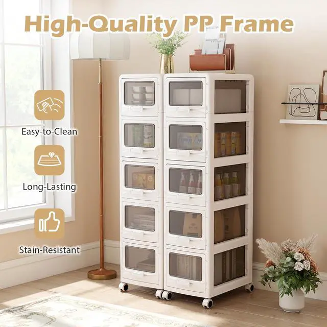 Alt view image 7 of 7 - 5-Tier Rolling Storage Cart, Utility Cart with 5 Drawers & Lockable Wheels for School Art Craft Supplies, Plastic Organizer and Storage for Kitchen, Bedroom and Home Office