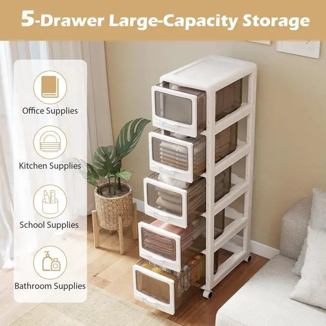 Alt view image 5 of 7 - 5-Tier Rolling Storage Cart, Utility Cart with 5 Drawers & Lockable Wheels for School Art Craft Supplies, Plastic Organizer and Storage for Kitchen, Bedroom and Home Office