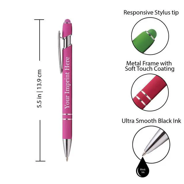 Alt view image 2 of 7 - ExpressDesigns - Premium Custom Pens with Stylus | Burst of Color | Personalized Soft Touch Metal Printed Name Pens w/Black Ink - Imprinted w/Logo or Message - 12 pcs/pack (Pink)