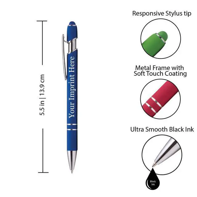 Alt view image 2 of 7 - ExpressDesigns - Premium Custom Pens with Stylus | Burst of Color | Personalized Soft Touch Metal Printed Name Pens w/Black Ink - Imprinted w/Logo or Message - 12 pcs/pack (Assorted)