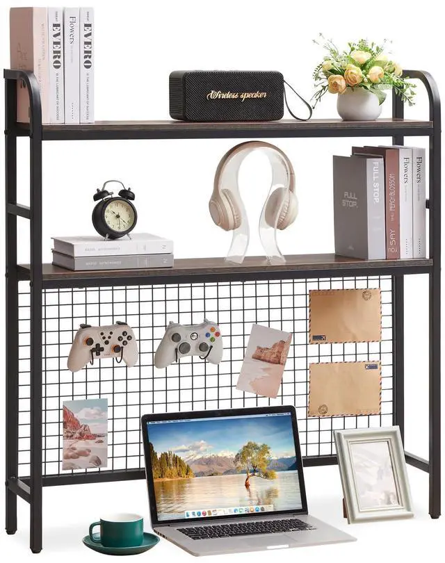 Main image of Desk Shelf, 36.8 Desktop Organizer Shelf with Grid Panel and Hooks, Desk Hutch for Computer Monitor, 2 Tier Desk Display Rack Wood Desktop Bookshelf Storage for Home Office Dorm