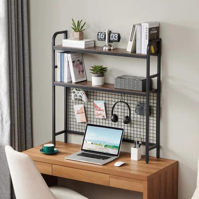 Alt view image 2 of 7 - Desk Shelf, 36.8 Desktop Organizer Shelf with Grid Panel and Hooks, Desk Hutch for Computer Monitor, 2 Tier Desk Display Rack Wood Desktop Bookshelf Storage for Home Office Dorm