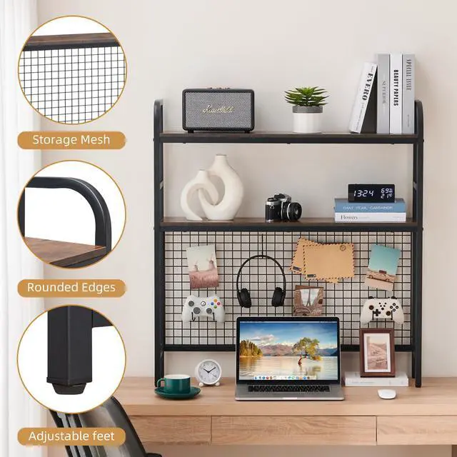 Alt view image 5 of 7 - Desk Shelf, 36.8 Desktop Organizer Shelf with Grid Panel and Hooks, Desk Hutch for Computer Monitor, 2 Tier Desk Display Rack Wood Desktop Bookshelf Storage for Home Office Dorm