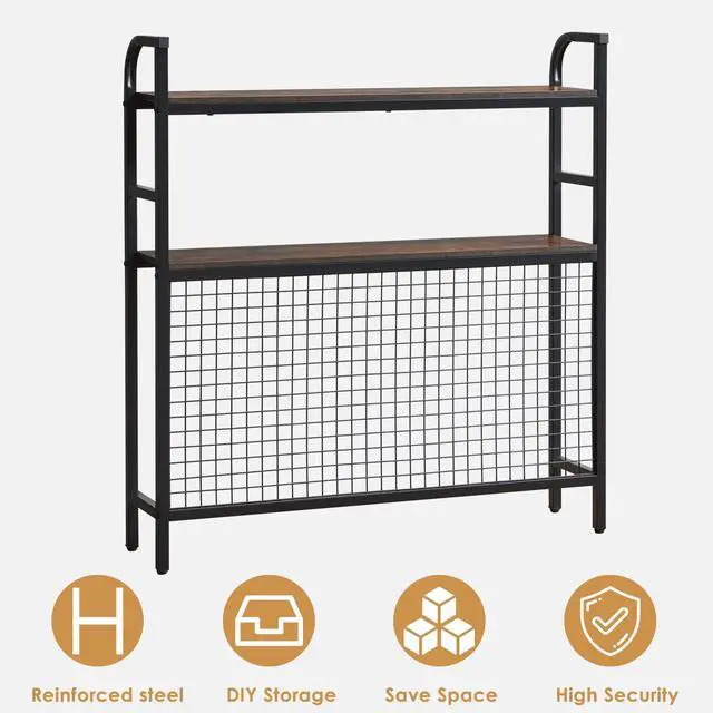 Alt view image 7 of 7 - Desk Shelf, 36.8 Desktop Organizer Shelf with Grid Panel and Hooks, Desk Hutch for Computer Monitor, 2 Tier Desk Display Rack Wood Desktop Bookshelf Storage for Home Office Dorm