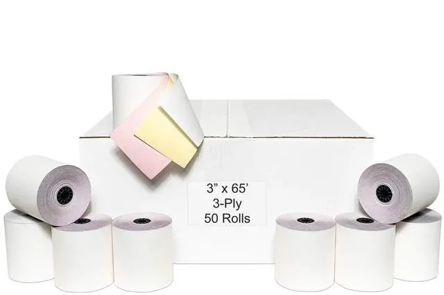 Main image of 3" x 65' 3 PLY WHITE/CANARY/PINK CASH REGISTER PRINTER POS PAPER ROLL 50 ROLLS/CASE