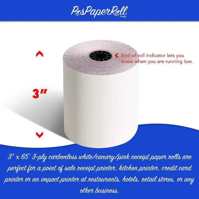 Alt view image 3 of 4 - 3" x 65' 3 PLY WHITE/CANARY/PINK CASH REGISTER PRINTER POS PAPER ROLL 50 ROLLS/CASE