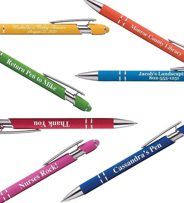 Alt view image 5 of 7 - ExpressDesigns - Premium Custom Pens with Stylus | Burst of Color | Personalized Soft Touch Metal Printed Name Pens w/Black Ink - Imprinted w/Logo or Message - 12 pcs/pack (Assorted)