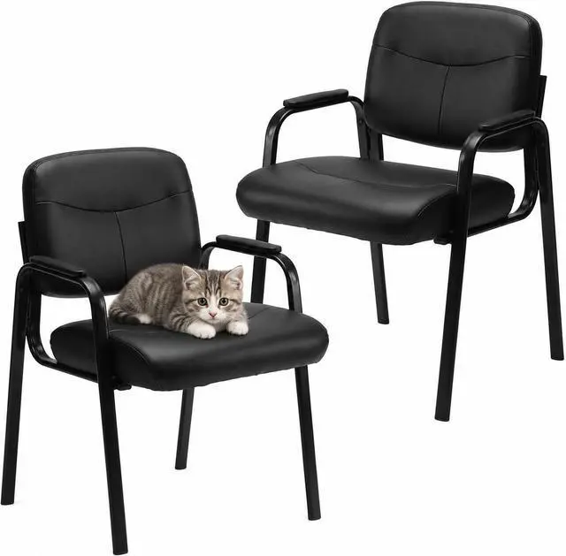 Main image of Waiting Room Chairs, PU Leather Padded Arms, Set of 2 | Office reception, conference rooms, clinics, metal frame, no wheels, thick padded seats, ergonomic backrests, home study