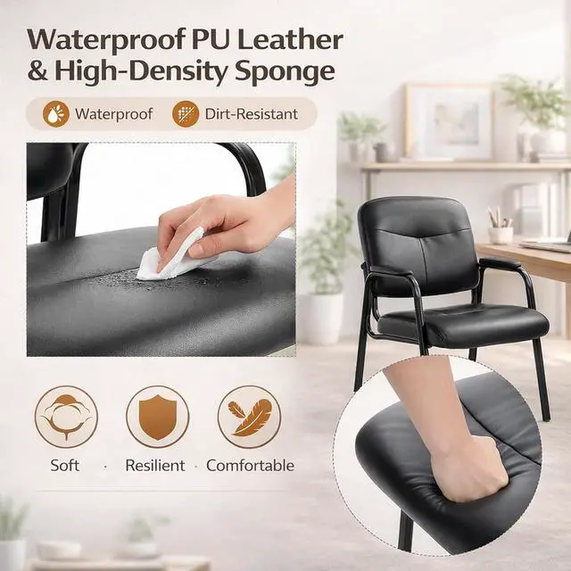 Alt view image 4 of 7 - Waiting Room Chairs, PU Leather Padded Arms, Set of 2 | Office reception, conference rooms, clinics, metal frame, no wheels, thick padded seats, ergonomic backrests, home study