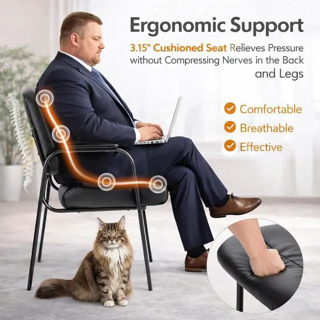 Alt view image 5 of 7 - Waiting Room Chairs, PU Leather Padded Arms, Set of 2 | Office reception, conference rooms, clinics, metal frame, no wheels, thick padded seats, ergonomic backrests, home study