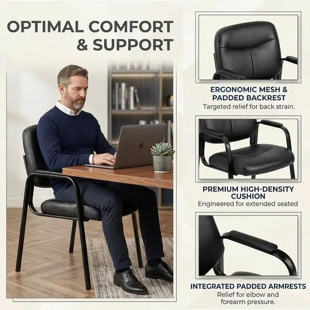 Alt view image 6 of 7 - Waiting Room Chairs, PU Leather Padded Arms, Set of 2 | Office reception, conference rooms, clinics, metal frame, no wheels, thick padded seats, ergonomic backrests, home study