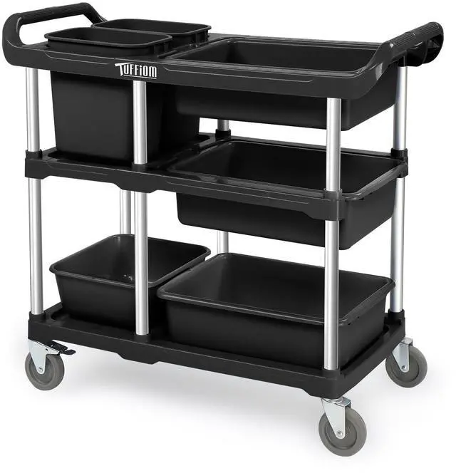 Main image of 3-Tier Plastic Service Storage Utility Cart with Wheels, Heavy Duty Multi-Function Mobile Shelving Unit Organizer, Ideal for Restaurant, Foodservice, Office, Warehouse, Black