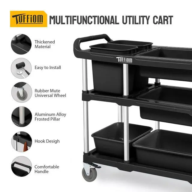 Alt view image 2 of 6 - 3-Tier Plastic Service Storage Utility Cart with Wheels, Heavy Duty Multi-Function Mobile Shelving Unit Organizer, Ideal for Restaurant, Foodservice, Office, Warehouse, Black
