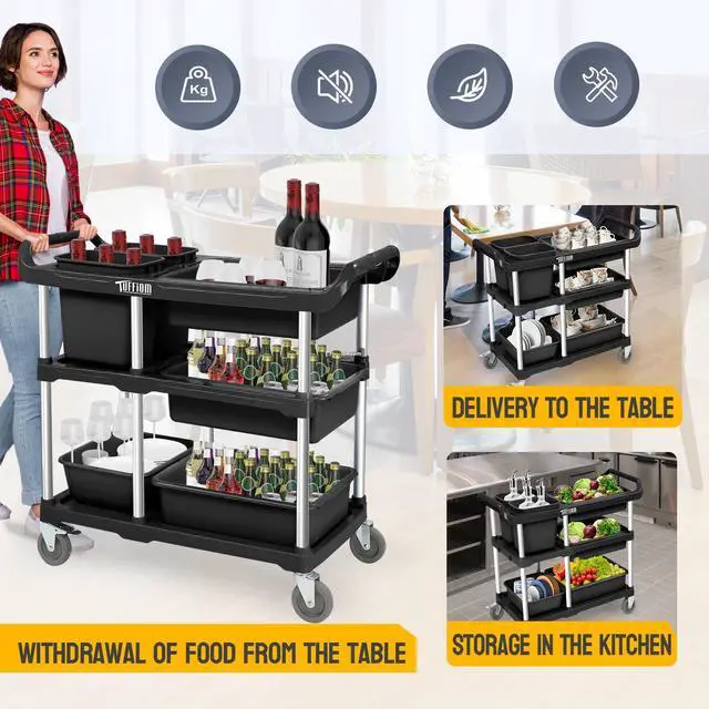 Alt view image 5 of 6 - 3-Tier Plastic Service Storage Utility Cart with Wheels, Heavy Duty Multi-Function Mobile Shelving Unit Organizer, Ideal for Restaurant, Foodservice, Office, Warehouse, Black