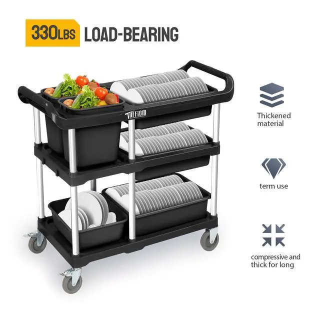 Alt view image 3 of 6 - 3-Tier Plastic Service Storage Utility Cart with Wheels, Heavy Duty Multi-Function Mobile Shelving Unit Organizer, Ideal for Restaurant, Foodservice, Office, Warehouse, Black