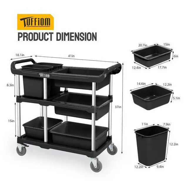 Alt view image 4 of 6 - 3-Tier Plastic Service Storage Utility Cart with Wheels, Heavy Duty Multi-Function Mobile Shelving Unit Organizer, Ideal for Restaurant, Foodservice, Office, Warehouse, Black