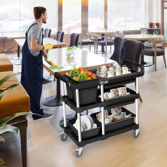 Alt view image 6 of 6 - 3-Tier Plastic Service Storage Utility Cart with Wheels, Heavy Duty Multi-Function Mobile Shelving Unit Organizer, Ideal for Restaurant, Foodservice, Office, Warehouse, Black