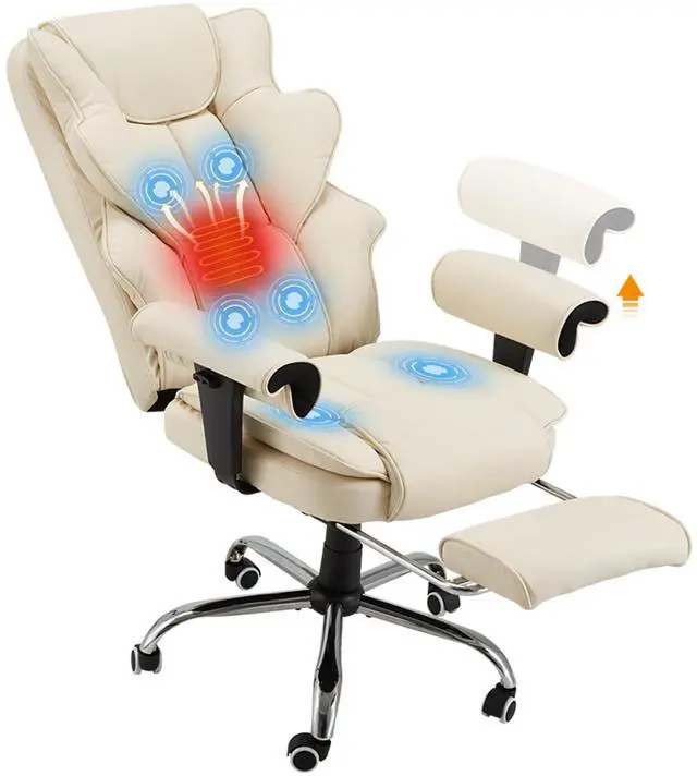Main image of Ergonomic Executive Office Chair, 6-Point Massage Manager Chair with Heating Function, Adjustable Backrest Home Office Chair with Adjustable Footrest and Armrests (Beige)