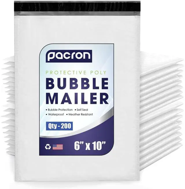 Main image of Waterproof Self-Seal Padded Poly Bubble Mailers 6x10, 200-Pack | Ideal for jewelry, cosmetics, SD cards, USB cables & accessories. Tear-resistant, lightweight, cushioned interior