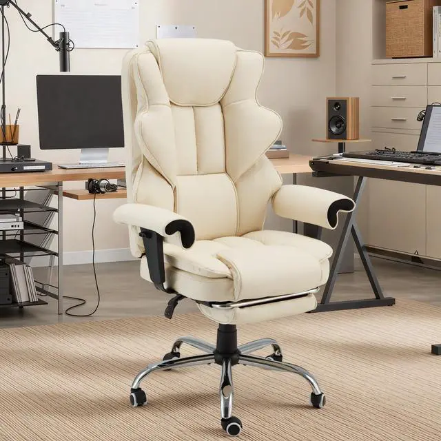 Alt view image 2 of 7 - Ergonomic Executive Office Chair, 6-Point Massage Manager Chair with Heating Function, Adjustable Backrest Home Office Chair with Adjustable Footrest and Armrests (Beige)