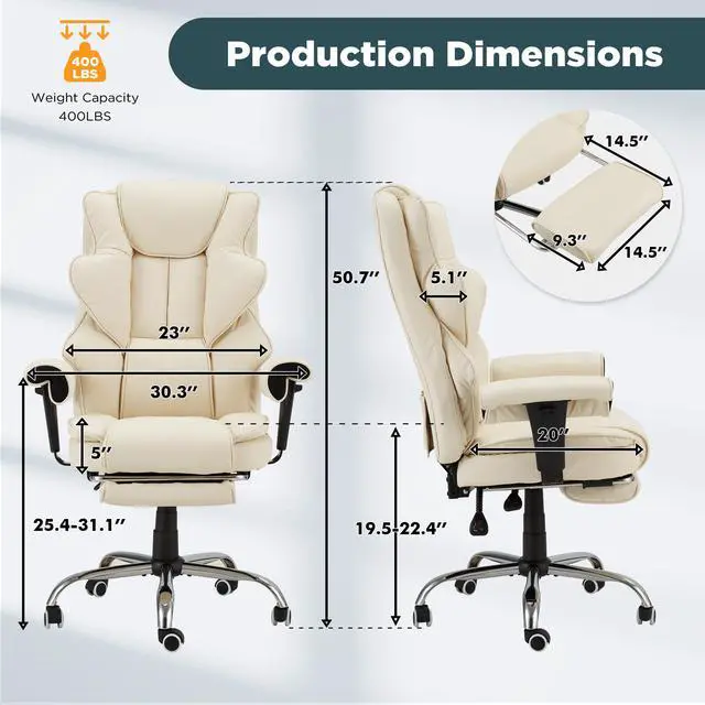 Alt view image 3 of 7 - Ergonomic Executive Office Chair, 6-Point Massage Manager Chair with Heating Function, Adjustable Backrest Home Office Chair with Adjustable Footrest and Armrests (Beige)