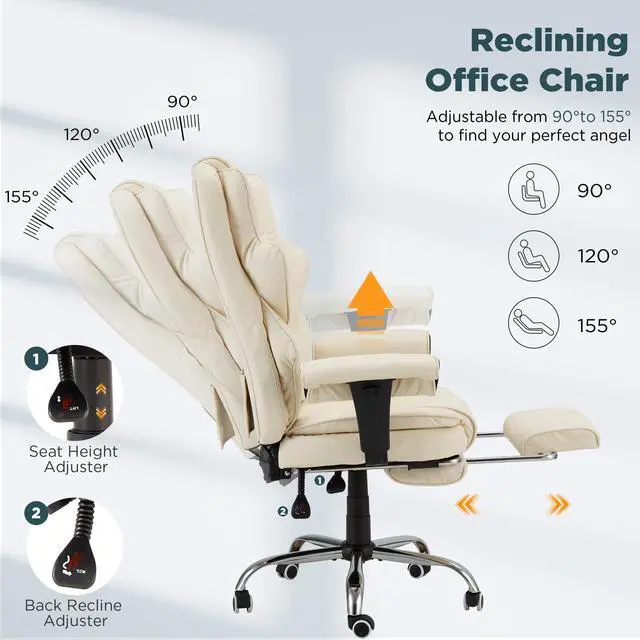 Alt view image 4 of 7 - Ergonomic Executive Office Chair, 6-Point Massage Manager Chair with Heating Function, Adjustable Backrest Home Office Chair with Adjustable Footrest and Armrests (Beige)