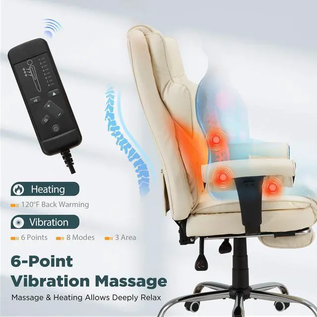 Alt view image 5 of 7 - Ergonomic Executive Office Chair, 6-Point Massage Manager Chair with Heating Function, Adjustable Backrest Home Office Chair with Adjustable Footrest and Armrests (Beige)