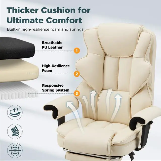 Alt view image 6 of 7 - Ergonomic Executive Office Chair, 6-Point Massage Manager Chair with Heating Function, Adjustable Backrest Home Office Chair with Adjustable Footrest and Armrests (Beige)