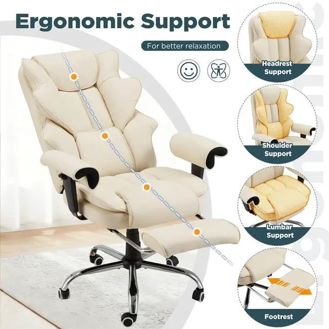 Alt view image 7 of 7 - Ergonomic Executive Office Chair, 6-Point Massage Manager Chair with Heating Function, Adjustable Backrest Home Office Chair with Adjustable Footrest and Armrests (Beige)