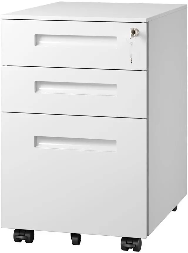 Main image of 3 Drawer File Cabinet with Lock, Fully Assembled Except Casters | Under Desk Metal Filing Cabinet with Wheels for Home Office, Printer Stand fits Letter/Legal/A4 Size, White