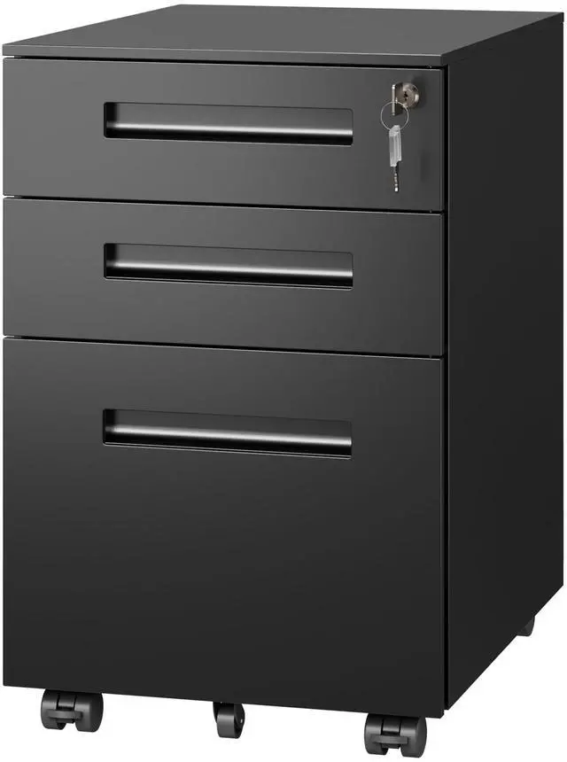 Main image of 3 Drawer Mobile File Cabinet, Fully Assembled Except Casters | Metal Filing Cabinet with Lock Under Desk for Home Office, Printer Stand fits A4/Letter/Legal Size, Black