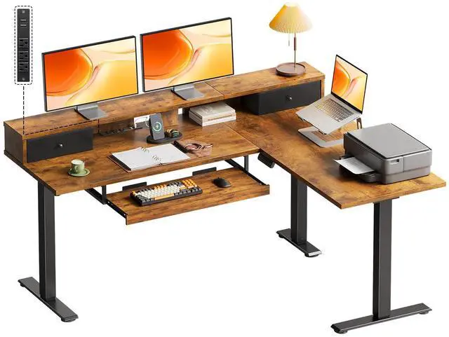 Main image of 59 Inch L Shaped Electric Standing Desk with Drawers, Rustic Brown | Monitor Stand, Keyboard Tray, Fabric Drawer, Power Outlets, Height Adjustable Corner Stand Up Desk for Organized Home Office
