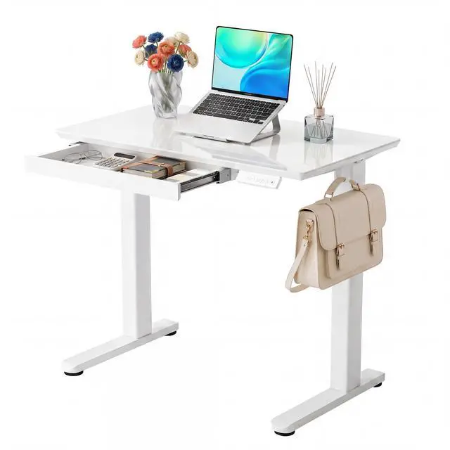 Main image of Glass Standing Desk with Drawers 32x19 Inch Super White | Tempered Glass Top, Ergonomic, 3 Memory Presets, Adjustable Height, Stand Up Desk