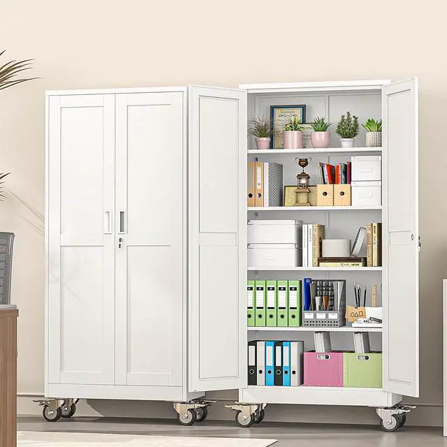 Alt view image 2 of 7 - 71" White Lockable Rolling Metal Garage Storage Cabinet | Office File Cabinet with 2 Doors 4 Adjustable Shelves, Rolling Steel Locker for Office, Home, Garage, Gym & School
