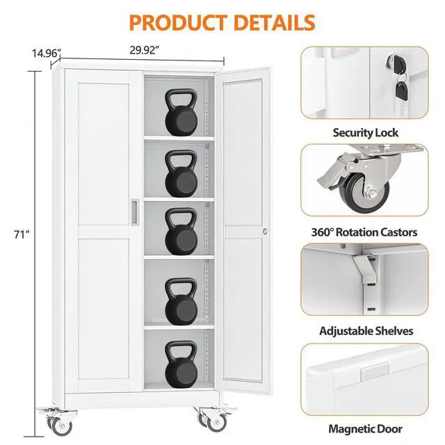 Alt view image 3 of 7 - 71" White Lockable Rolling Metal Garage Storage Cabinet | Office File Cabinet with 2 Doors 4 Adjustable Shelves, Rolling Steel Locker for Office, Home, Garage, Gym & School