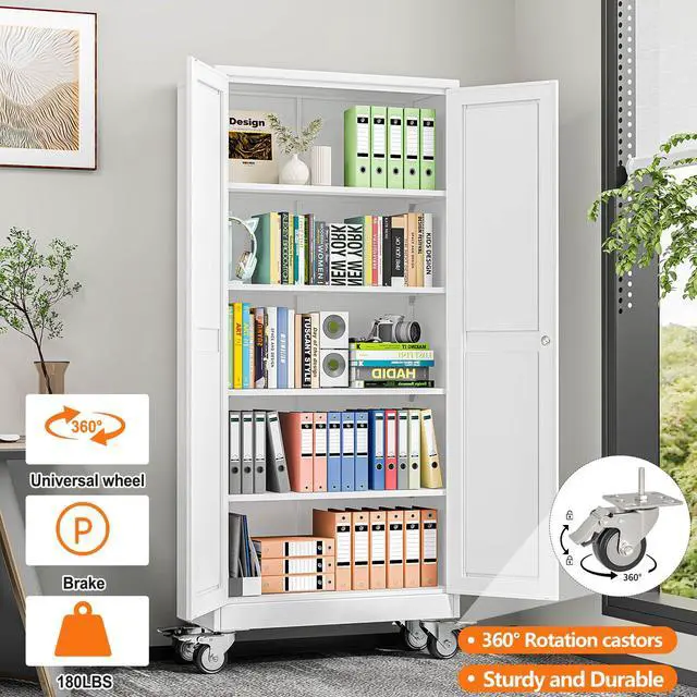 Alt view image 4 of 7 - 71" White Lockable Rolling Metal Garage Storage Cabinet | Office File Cabinet with 2 Doors 4 Adjustable Shelves, Rolling Steel Locker for Office, Home, Garage, Gym & School