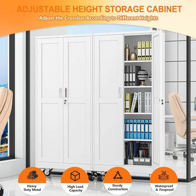 Alt view image 5 of 7 - 71" White Lockable Rolling Metal Garage Storage Cabinet | Office File Cabinet with 2 Doors 4 Adjustable Shelves, Rolling Steel Locker for Office, Home, Garage, Gym & School