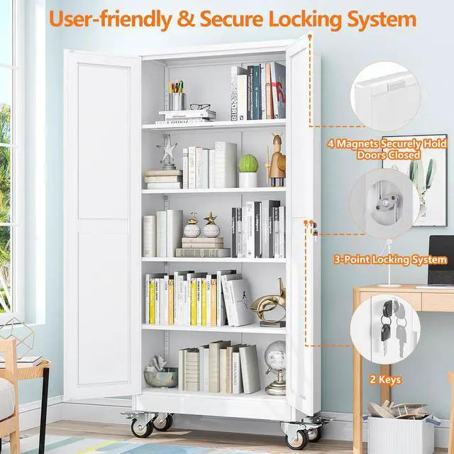 Alt view image 6 of 7 - 71" White Lockable Rolling Metal Garage Storage Cabinet | Office File Cabinet with 2 Doors 4 Adjustable Shelves, Rolling Steel Locker for Office, Home, Garage, Gym & School
