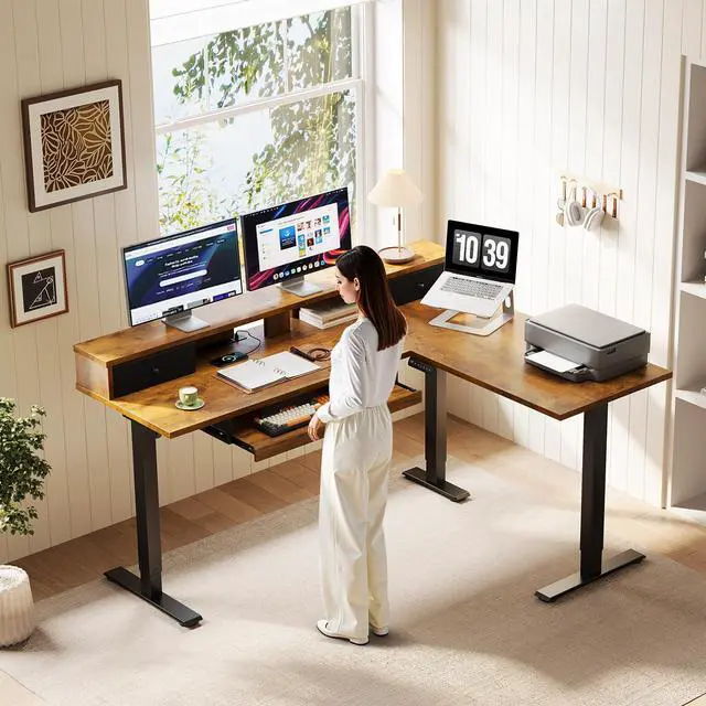 Alt view image 2 of 7 - 59 Inch L Shaped Electric Standing Desk with Drawers, Rustic Brown | Monitor Stand, Keyboard Tray, Fabric Drawer, Power Outlets, Height Adjustable Corner Stand Up Desk for Organized Home Office