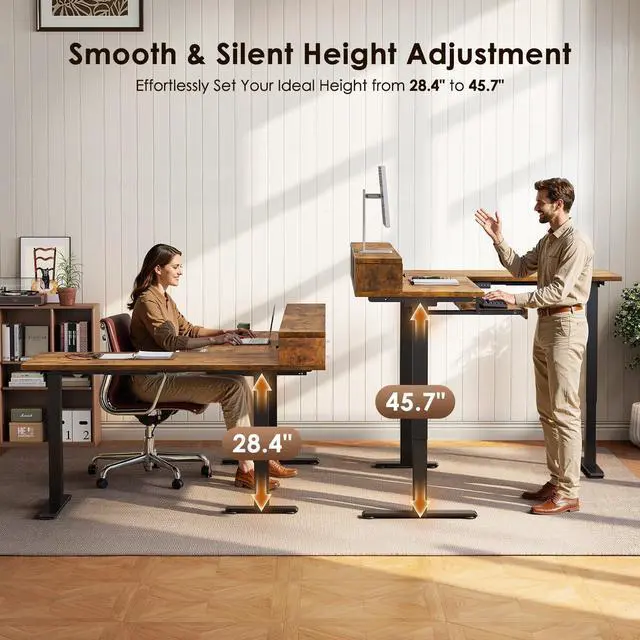 Alt view image 4 of 7 - 59 Inch L Shaped Electric Standing Desk with Drawers, Rustic Brown | Monitor Stand, Keyboard Tray, Fabric Drawer, Power Outlets, Height Adjustable Corner Stand Up Desk for Organized Home Office