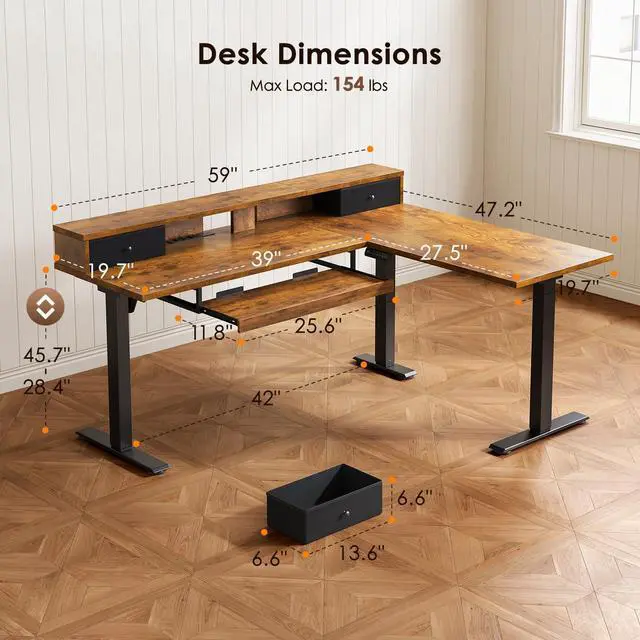 Alt view image 3 of 7 - 59 Inch L Shaped Electric Standing Desk with Drawers, Rustic Brown | Monitor Stand, Keyboard Tray, Fabric Drawer, Power Outlets, Height Adjustable Corner Stand Up Desk for Organized Home Office