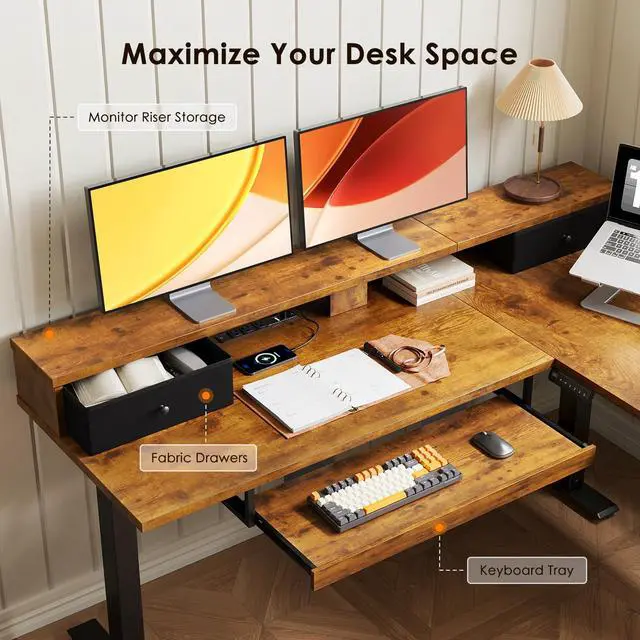 Alt view image 6 of 7 - 59 Inch L Shaped Electric Standing Desk with Drawers, Rustic Brown | Monitor Stand, Keyboard Tray, Fabric Drawer, Power Outlets, Height Adjustable Corner Stand Up Desk for Organized Home Office