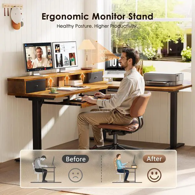 Alt view image 5 of 7 - 59 Inch L Shaped Electric Standing Desk with Drawers, Rustic Brown | Monitor Stand, Keyboard Tray, Fabric Drawer, Power Outlets, Height Adjustable Corner Stand Up Desk for Organized Home Office