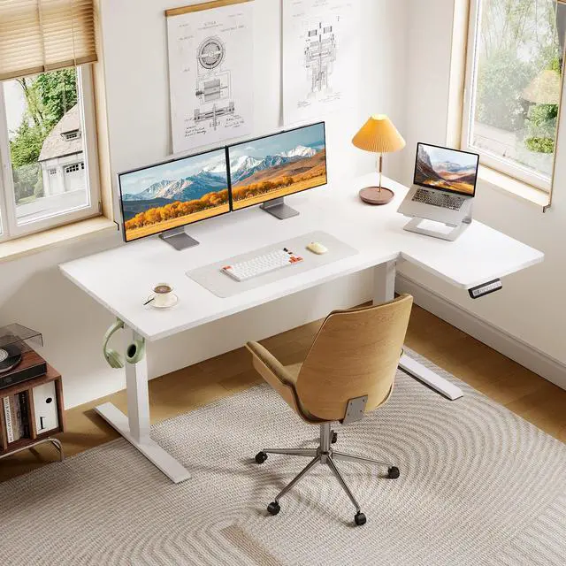 Alt view image 2 of 7 - 55 Inch Reversible L Shaped Electric Standing Desk, White | Corner Height Adjustable Computer Table, Stand Up Desk with 3 Memory Presets, Reinforced Frame for Home Office, Workstation