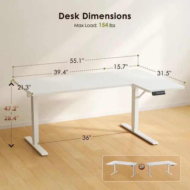 Alt view image 3 of 7 - 55 Inch Reversible L Shaped Electric Standing Desk, White | Corner Height Adjustable Computer Table, Stand Up Desk with 3 Memory Presets, Reinforced Frame for Home Office, Workstation