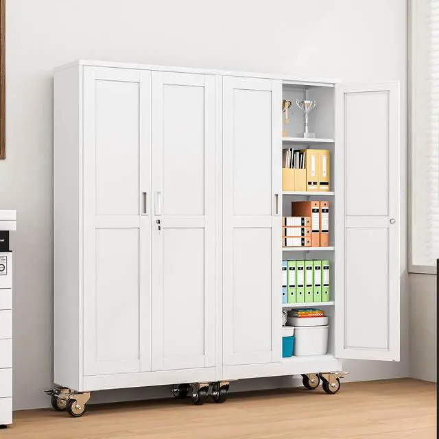 Alt view image 7 of 7 - 71" White Lockable Rolling Metal Garage Storage Cabinet | Office File Cabinet with 2 Doors 4 Adjustable Shelves, Rolling Steel Locker for Office, Home, Garage, Gym & School